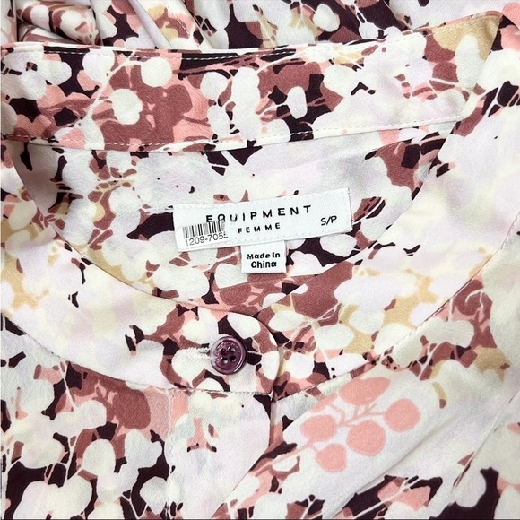 EQUIPMENT Floral Satin Draped Puff Long Sleeve Button Up Stand Collar Blouse S - Picture 8 of 13